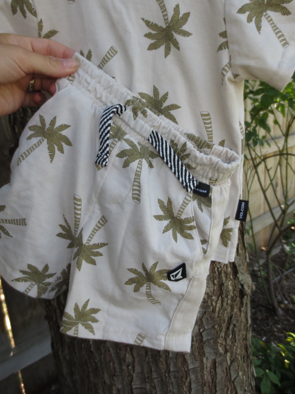 Volcom Cream Palm Print Swim Shorts with Olive Palms